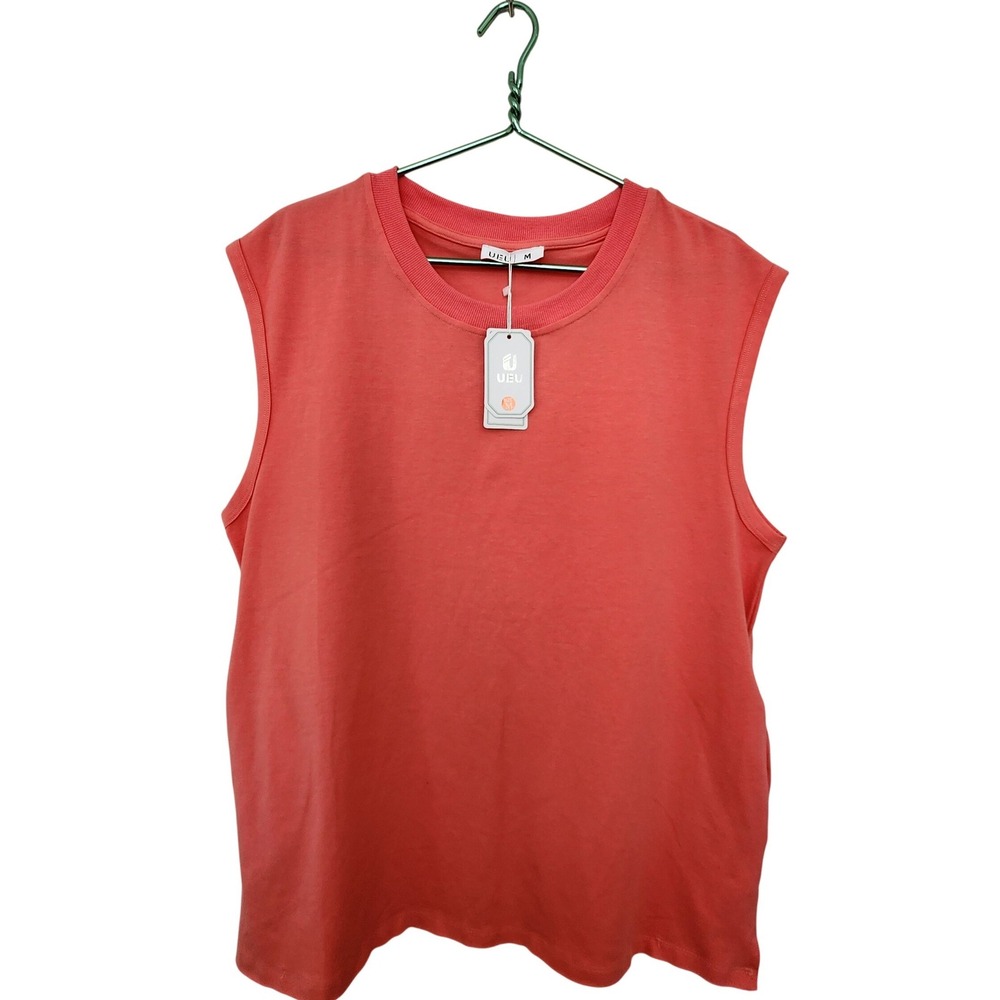 ⭐️ UEU Womens Sleeveless Muscle Tank Top Size M Coral Pink Side Pockets NWT